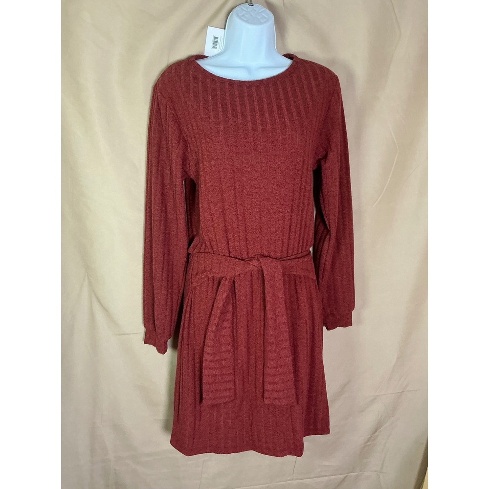 Fraiche by J Tie Front Dress Womens Small Marsala Red NWT Wide Rib Long Sleeve